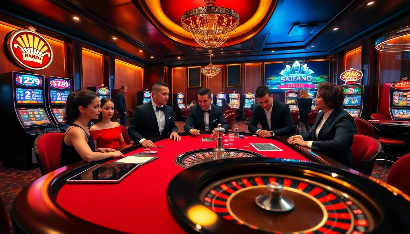 Engaging scene of players at a casino table featuring gambling activities at https://g28.tech/ with vibrant slot machines and a roulette wheel.