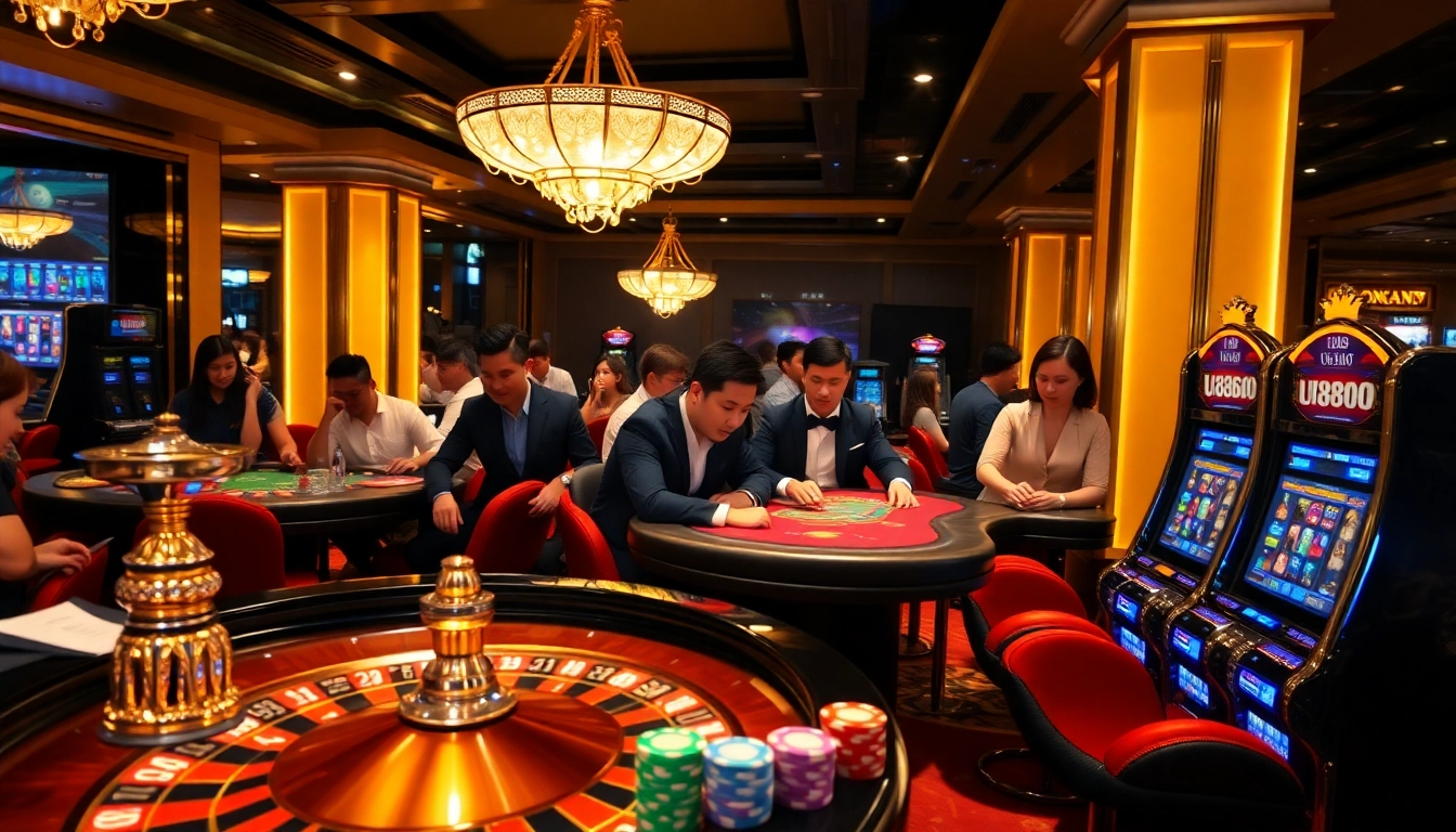 Engaging players at U8888 casino, enjoying roulette and poker with vibrant chips.