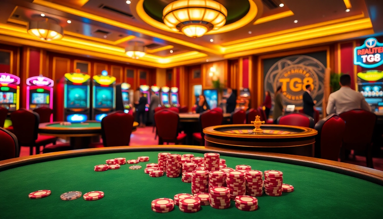 High-stakes players enjoying poker at TG88's luxurious casino table with vibrant atmosphere.