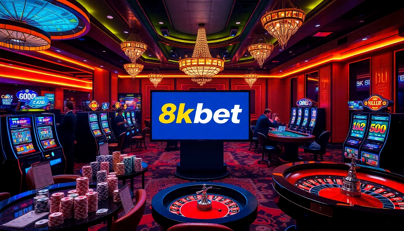 A dynamic casino scene featuring 8kbet with colorful poker chips, roulette wheels, and engaged players.