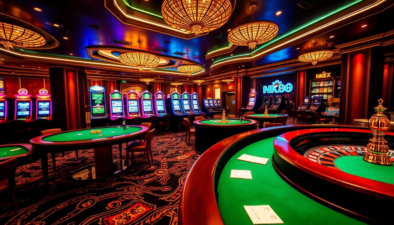 Join the excitement at nk88 with a vibrant casino scene featuring tables, slots, and poker chips.