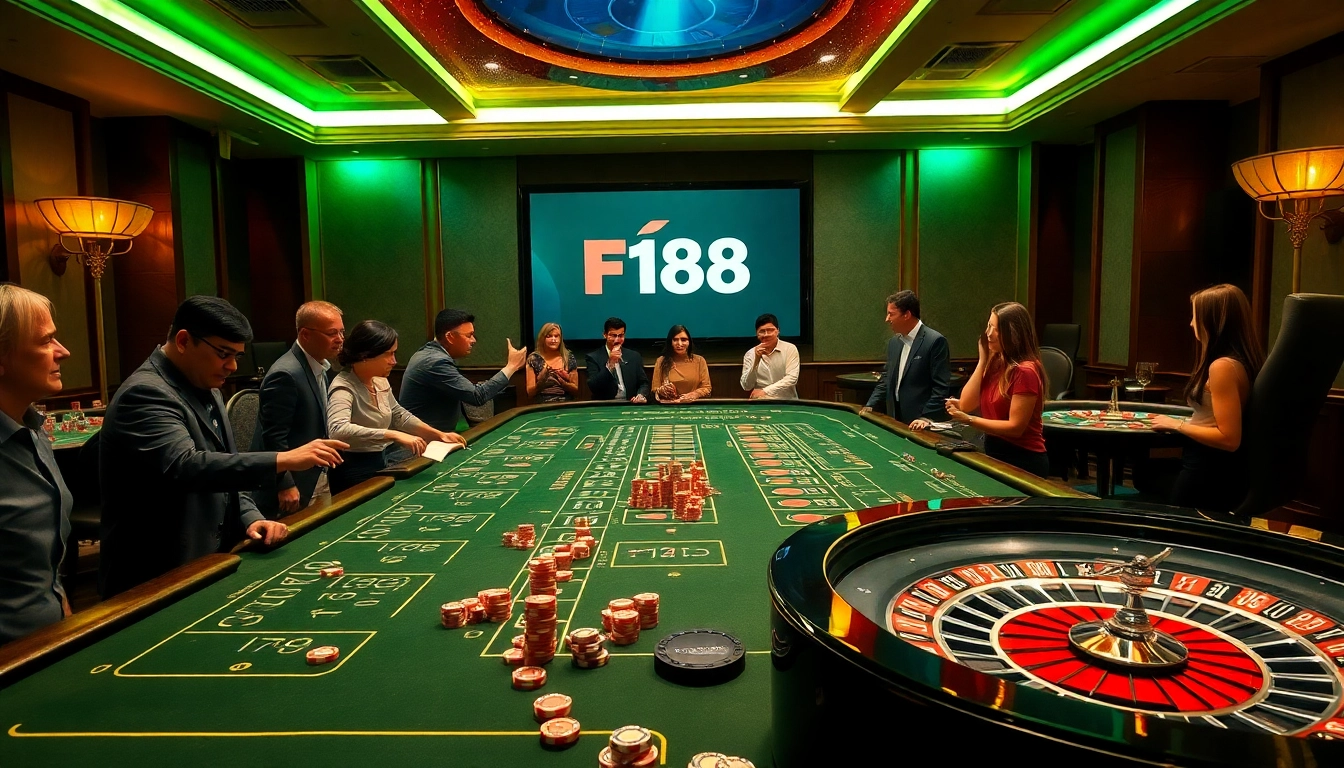 F168 logo shines brightly over an exciting casino scene with players enjoying dice games.