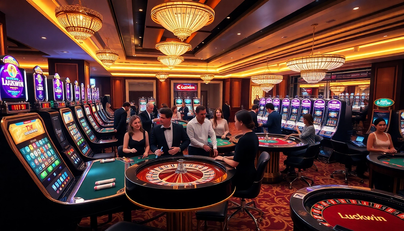 Players enjoying a high-stakes game at Luckywin casino, surrounded by vibrant slot machines and tables.