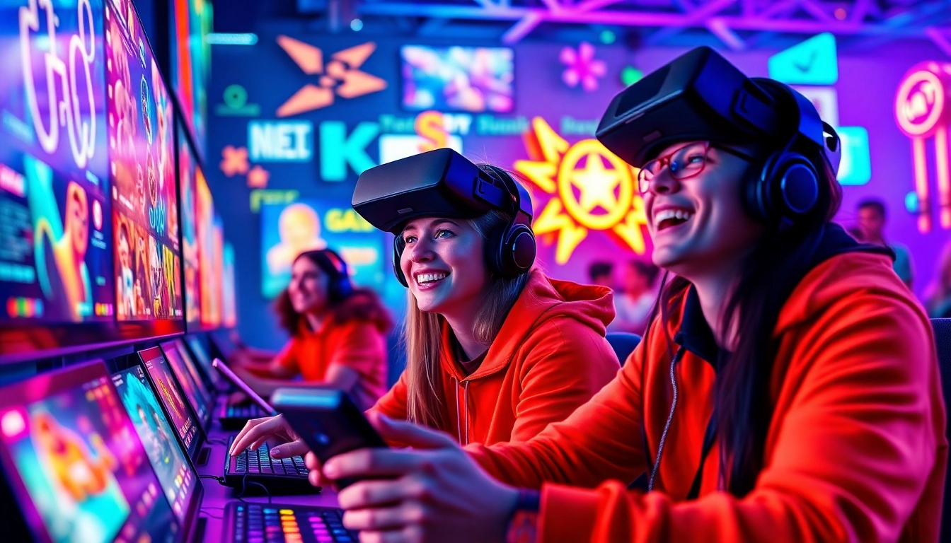 Engaged players enjoying nk88 gaming experience with vibrant interfaces and controllers.