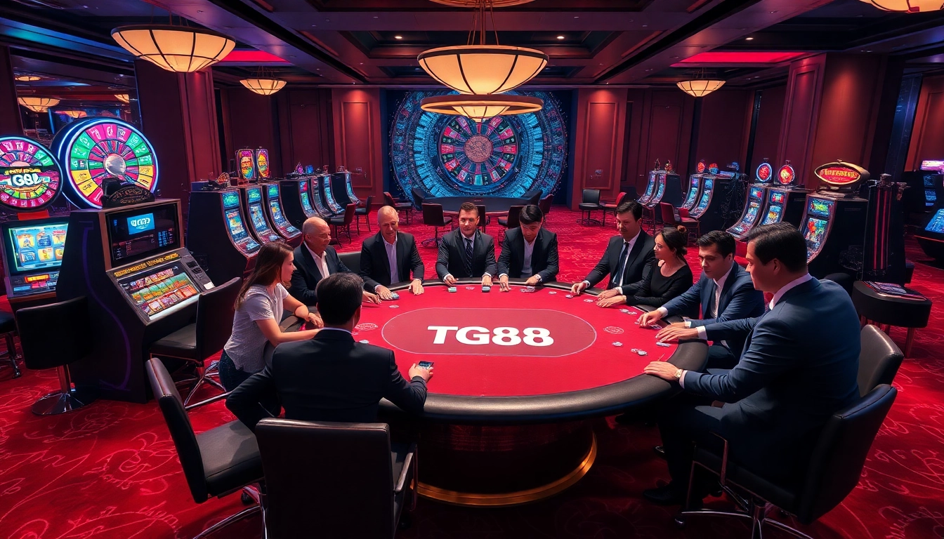 Experience high-stakes action at TG88's vibrant casino with players strategizing at poker tables.