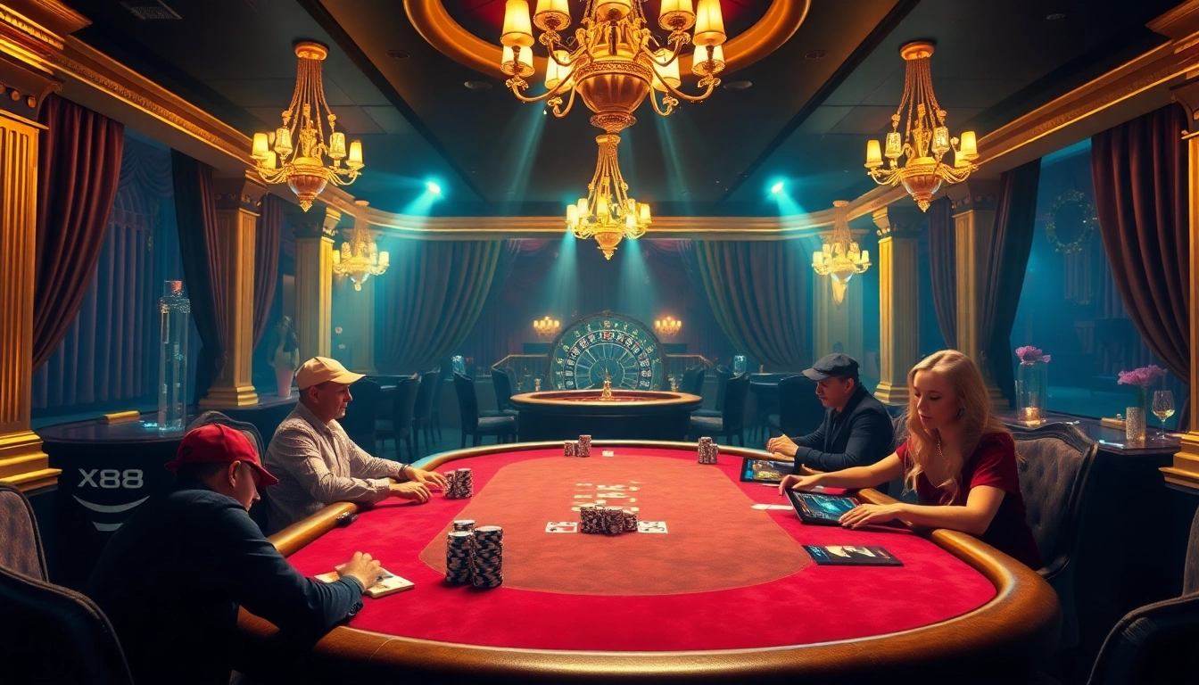 X88-themed poker table scene showcasing luxury, excitement, and active gameplay engagement.