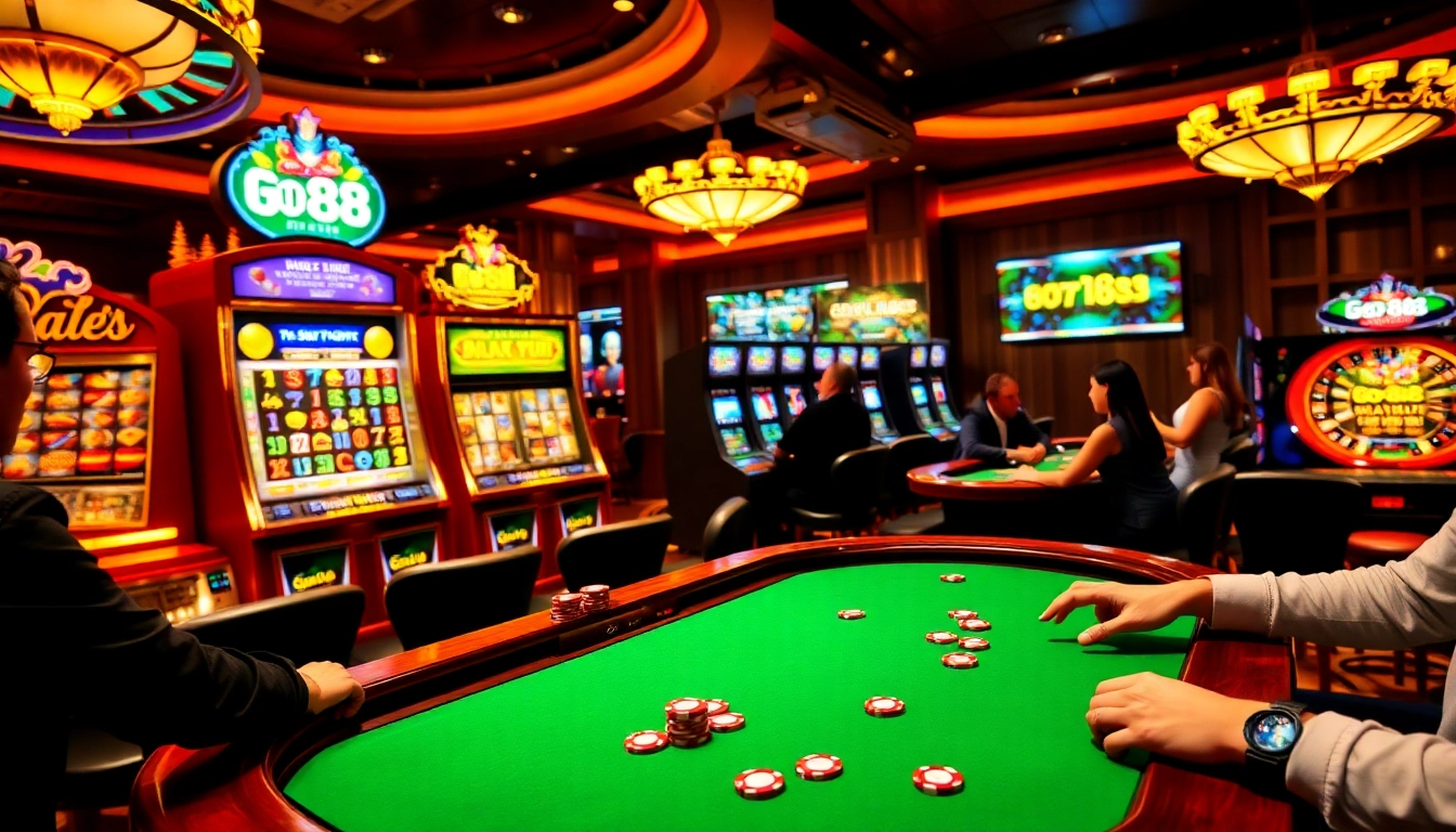 Players strategizing and winning at Go 88 casino with vibrant slot machines in the background.