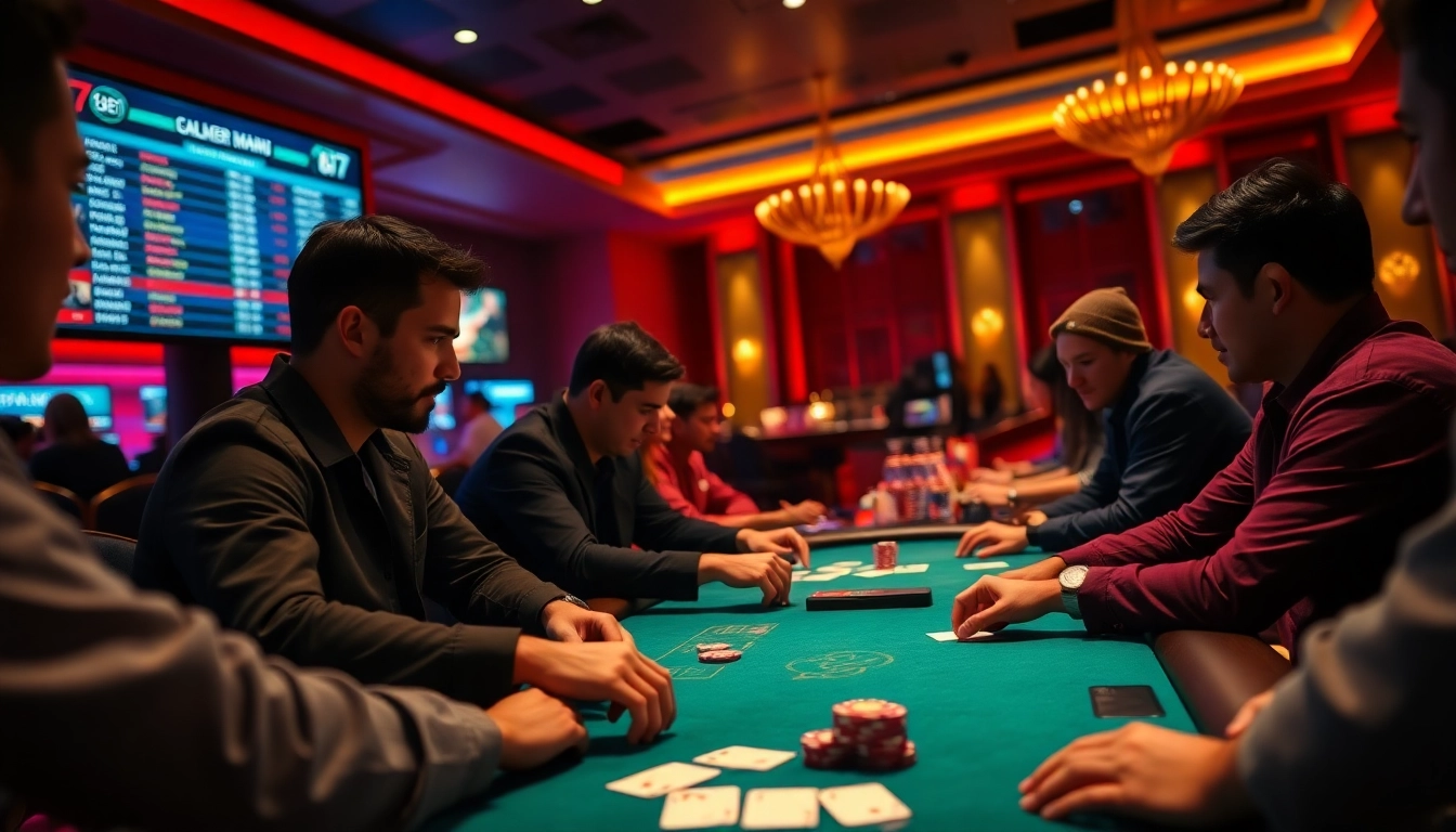 Exciting poker game at 789bet with players, chips, and cards in a vibrant casino atmosphere.