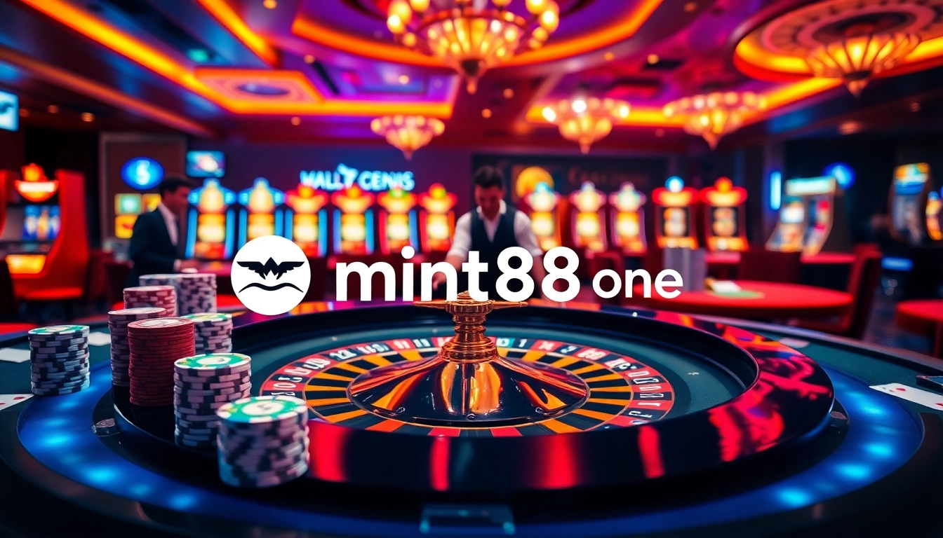 Experience excitement at https://mint88.one/ with a luxurious casino table setup featuring vibrant poker chips and cards.