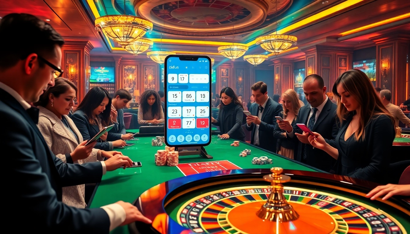 Players engaging with the okfun app while enjoying a vibrant casino atmosphere filled with thrilling games.
