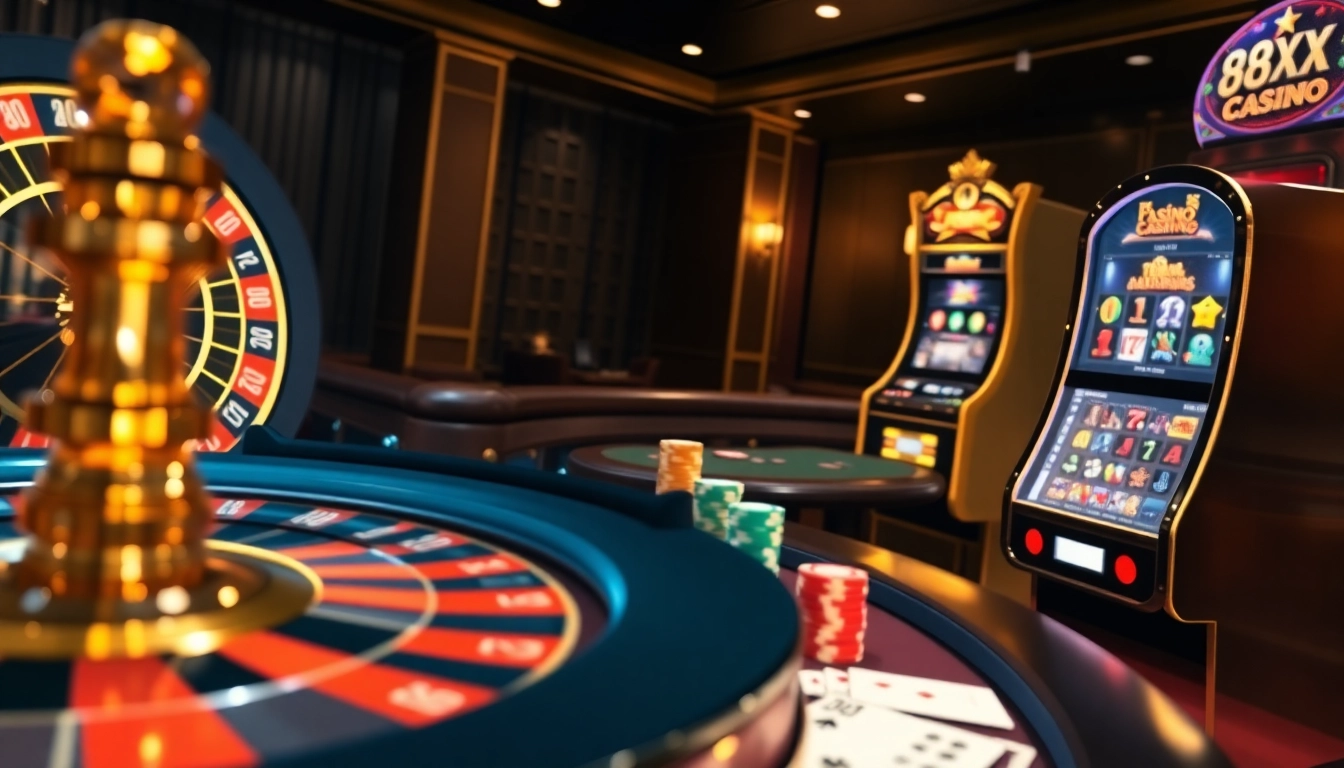 Experience the thrill of 88XX with stunning casino visuals featuring roulette and poker elements.