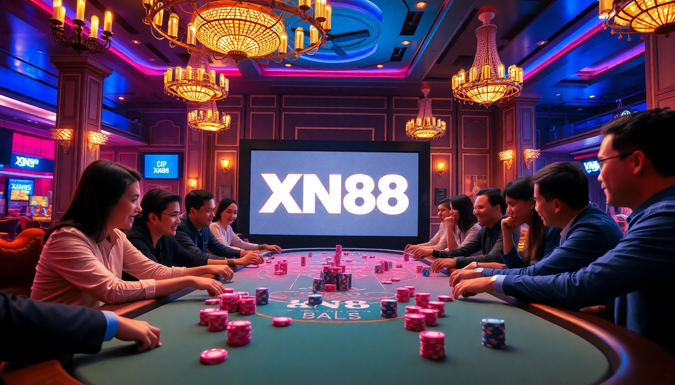 Players engage in a thrilling poker game at XN88 casino, surrounded by luxury and excitement.