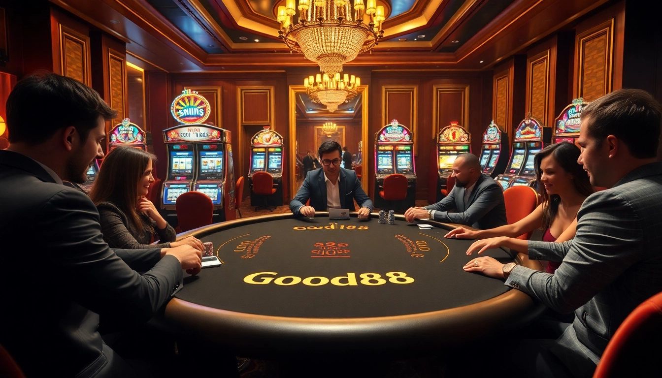 Players enjoying a thrilling poker game at Good88's luxurious casino.