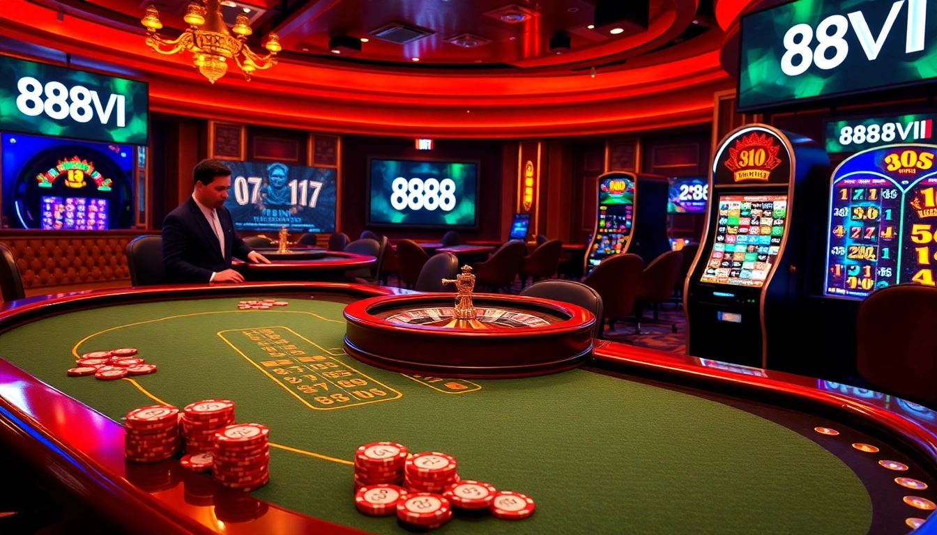 Engaging scene of a luxurious online casino featuring 888VI poker tables and colorful slot machines.
