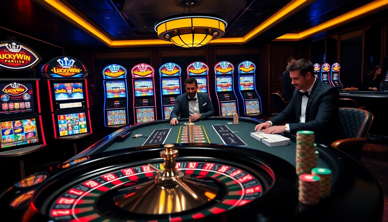 Gambler placing bets at the LuckyWin poker table in a vibrant casino setting.