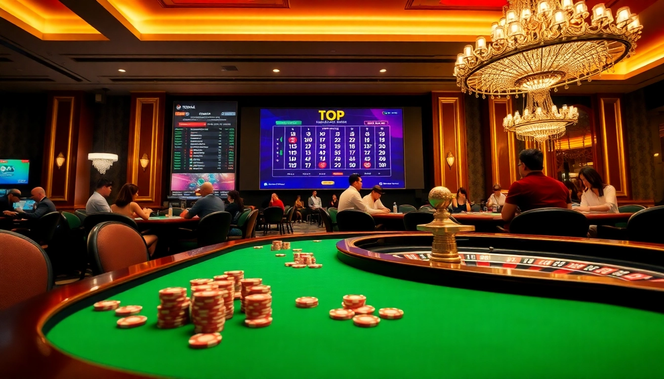 Experience the excitement of TOP nhà cái uy tín in this luxurious casino scene with vibrant gaming tables.