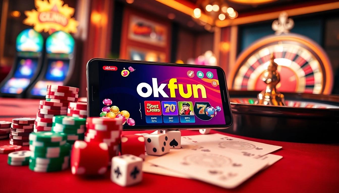 Experience the thrill of online gaming with the okfun app, immersed in a vibrant casino atmosphere.