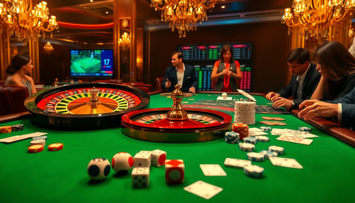 KQBD players analyzing sports scores at a glamorous casino table with roulette and poker chips.