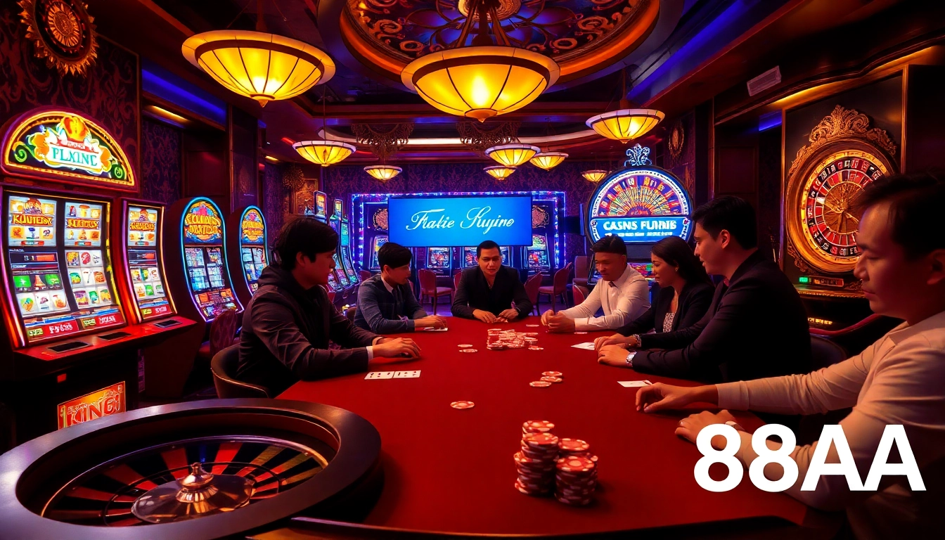 Gamblers strategizing at a high-stakes poker table showcasing 88AA casino ambiance.