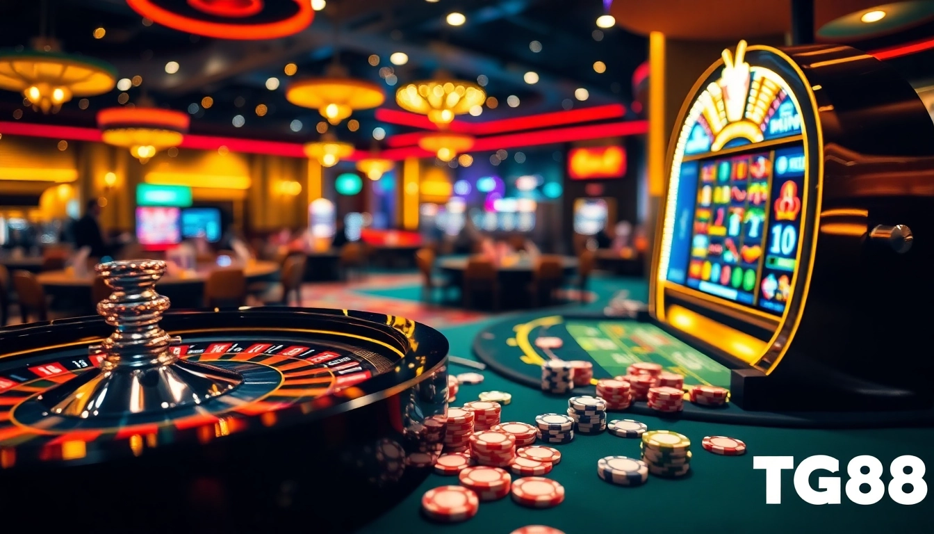 Experience the thrill of TG88 at a lively casino with vibrant tables and gambling action.