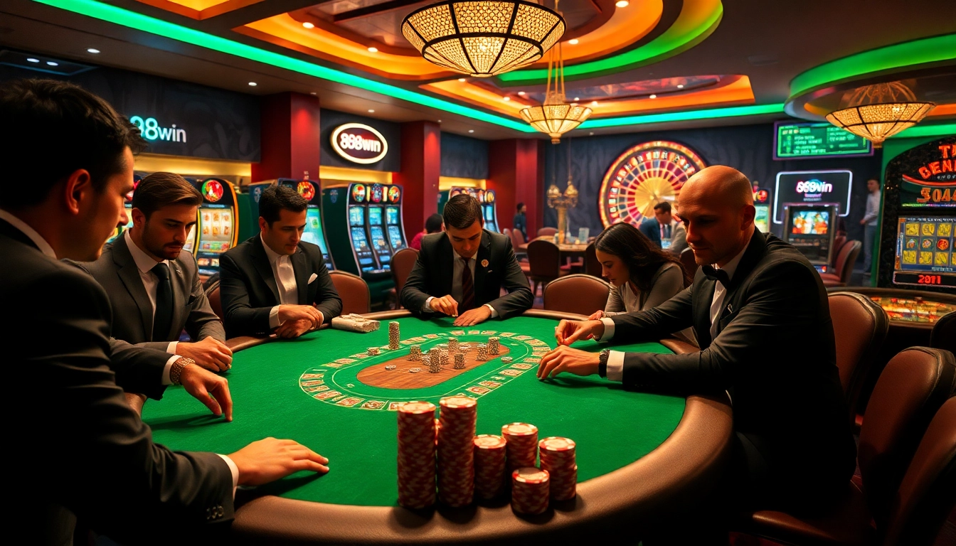 Players strategically engaging at a poker table in a luxurious casino environment highlighting 98win.