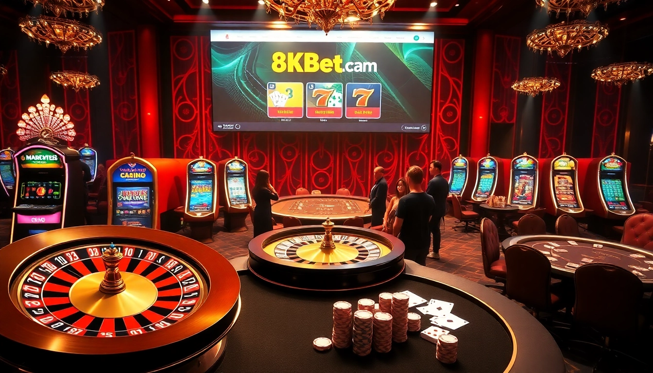 Engaging scene at a casino with vibrant slot machines and poker tables featuring https://8kbetbh.com/ for an exciting gaming atmosphere.