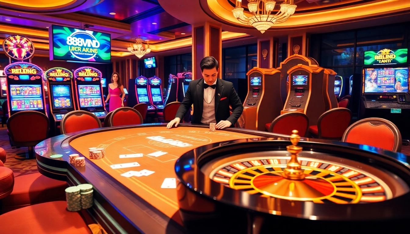 Engaging scene at 888VND casino with dealers, chips, and vibrant slot machines creating excitement.