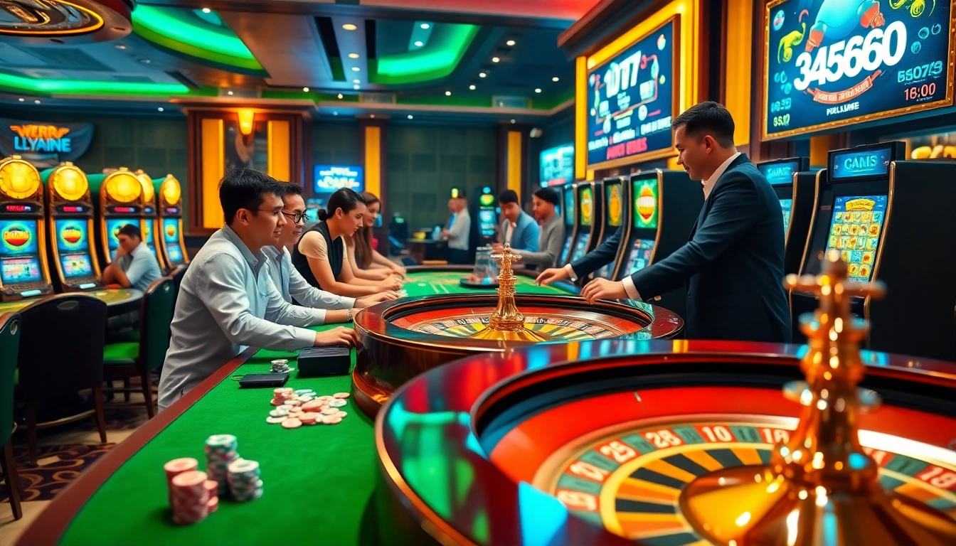 Experience the thrill of the fly888 club with a vibrant casino atmosphere featuring gaming tables and slot machines.