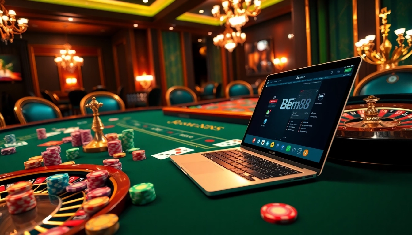 Winning at https://bem88v.com/ with vibrant casino elements and an exciting atmosphere.