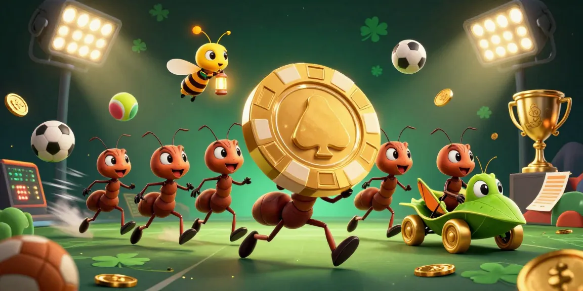 Capture go88's excitement with a team of ants stealing a massive golden poker chip amidst flying sports elements and dynamic action.