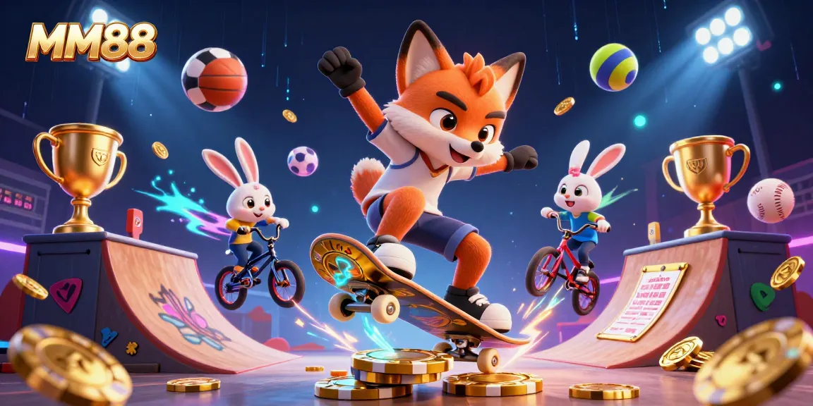 Engage with MM88 as a cartoon fox performs a kickflip over poker chips, surrounded by dynamic sports elements.